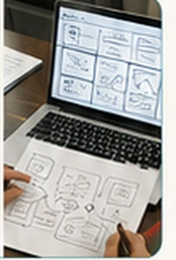 Product wireframes and screens being designed on a laptop