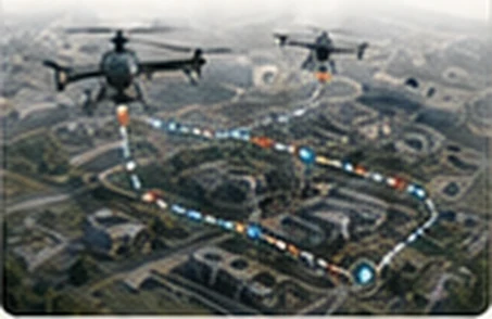 Simulated drones flying test attack routes over a mapped critical site