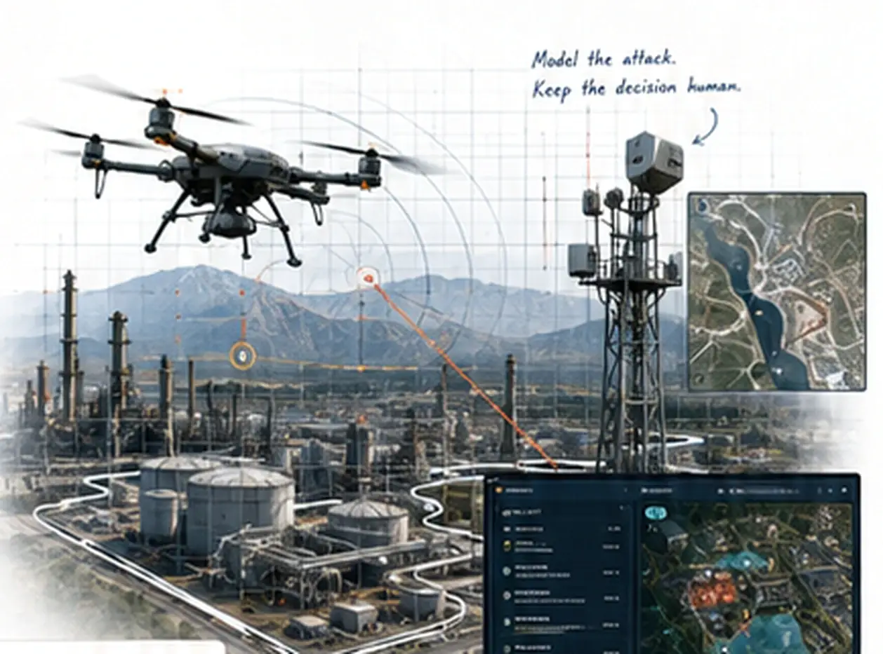Drone approaching a refinery with sensor tower, simulated detection rings, terrain map and an offline SANGAM console