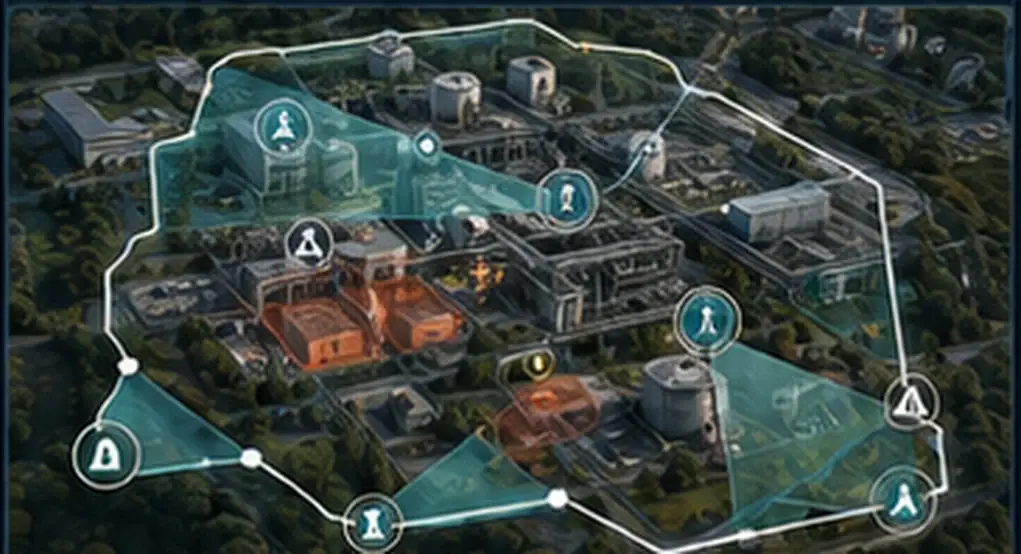 Simulated operational map of a site showing detection zones, sensor markers and a drone route