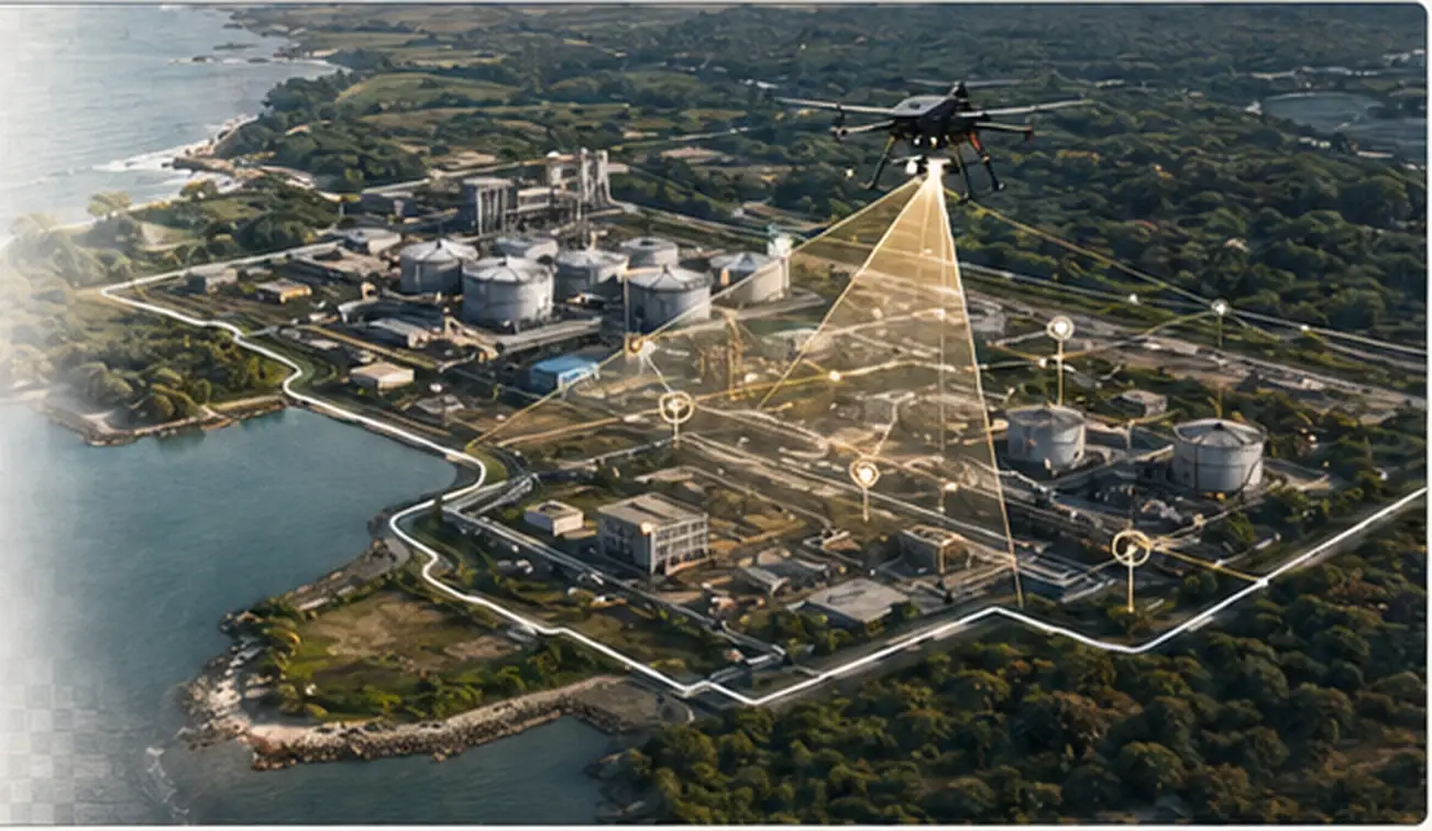 Aerial view of a coastal refinery with a drone projecting a scanning cone over mapped site zones