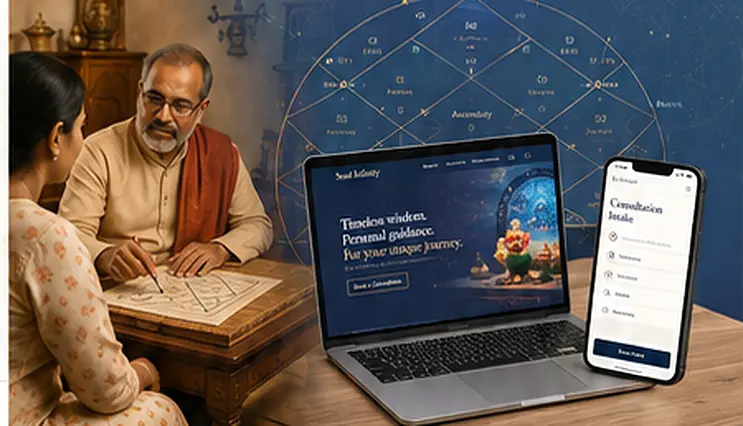 Astrology practitioner consulting a client with the Soul Infinity platform on laptop and phone