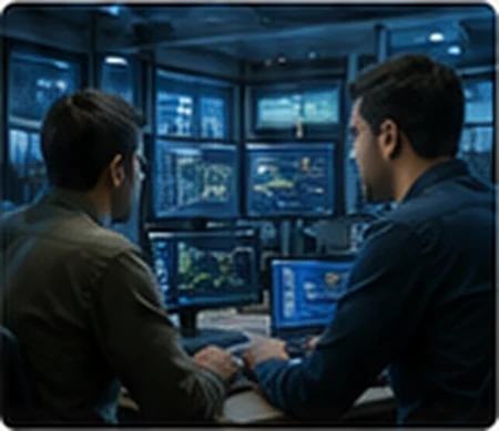 Security analysts reviewing simulation findings on control-room screens
