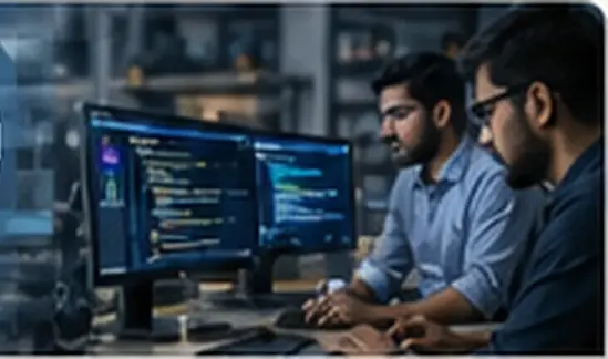 Engineers building a secure AI platform at dual monitors