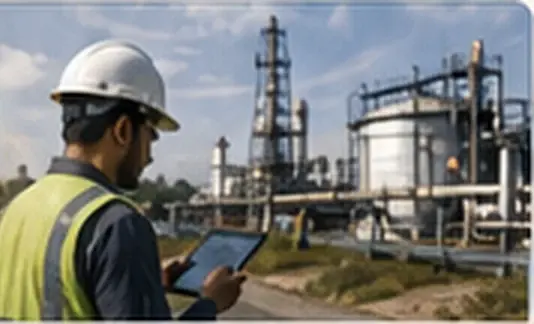 Field engineer with a tablet at an industrial plant