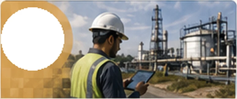 Field engineer with a tablet reviewing digitised operations at an industrial plant