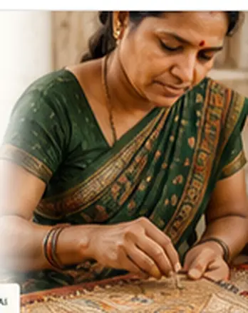 Artisan in a green saree working on traditional Rabari embroidery
