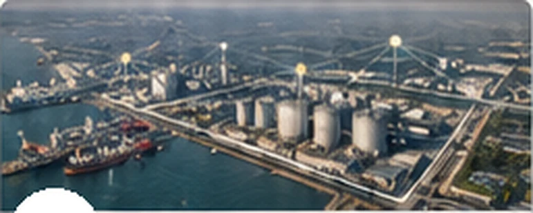 Aerial view of a coastal refinery overlaid with a SANGAM sensor network