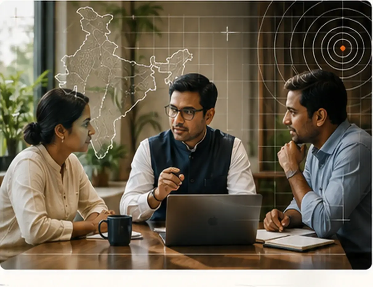 Three colleagues in discussion at a table, with a map of India and radar overlays behind them