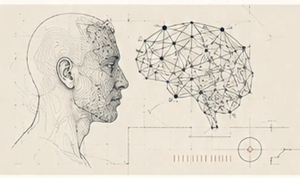 Technical drawing of a human head beside a networked brain diagram