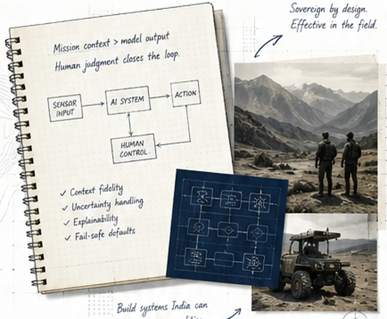 Field notebook with a sensor-to-AI-to-human-control diagram, a blueprint card, and photographs of a mountain deployment