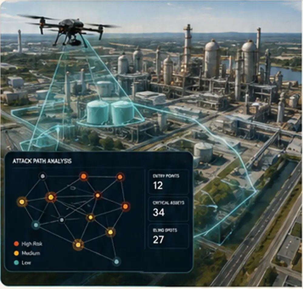 Aerial view of a refinery with mapped attack paths and an attack path analysis panel