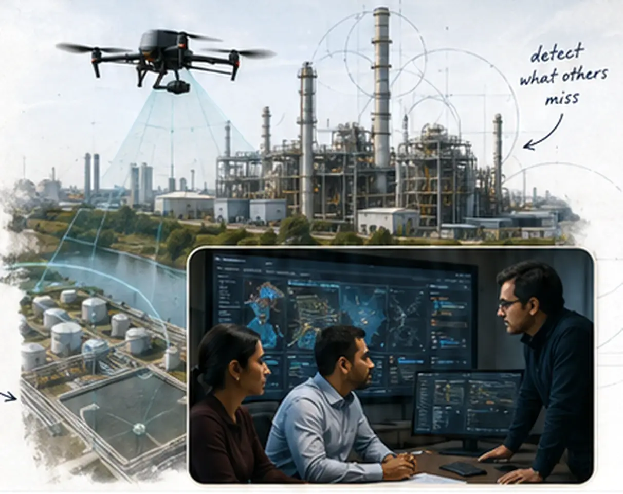 Drone scanning a refinery with simulated detection cones and an operations team reviewing the results on screen