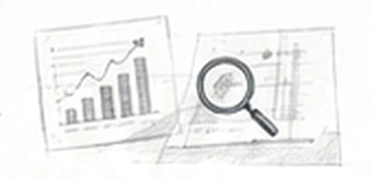 Sketch of charts under a magnifying glass, evidence and measured results